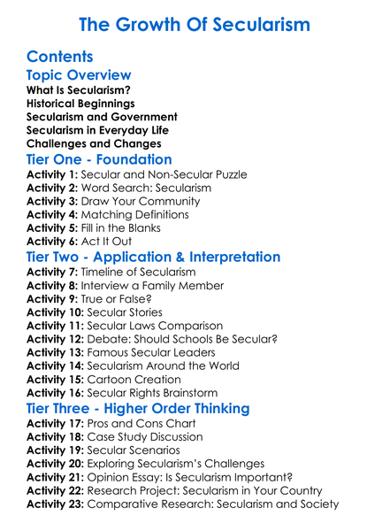 The Growth Of Secularism Worksheet Activity Booklet