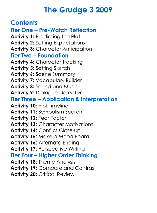 The Grudge 3 2009 Worksheet Activity Booklet