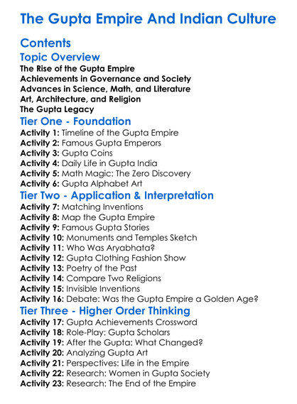 The Gupta Empire And Indian Culture Worksheet Activity Booklet