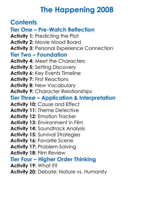 The Happening 2008 Worksheet Activity Booklet