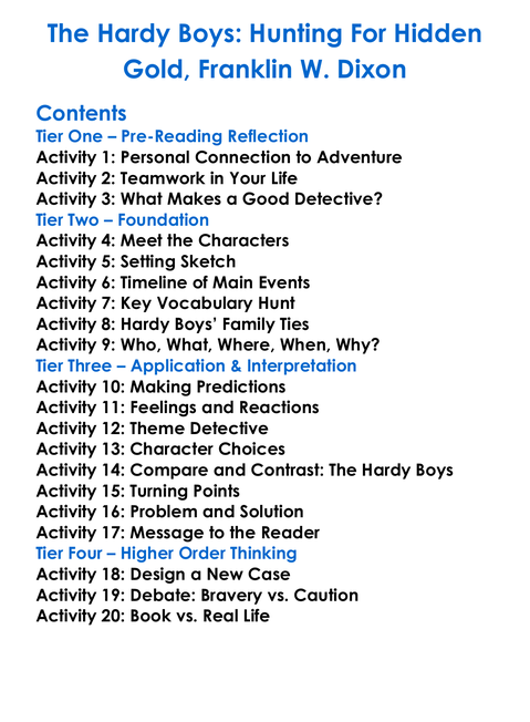 The Hardy Boys Hunting For Hidden Gold Franklin W Dixon Worksheet Activity Booklet