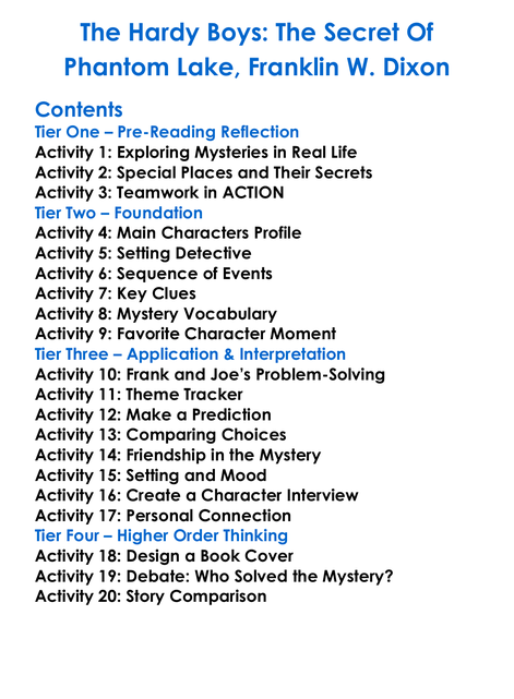 The Hardy Boys The Secret Of Phantom Lake Franklin W Dixon Worksheet Activity Booklet