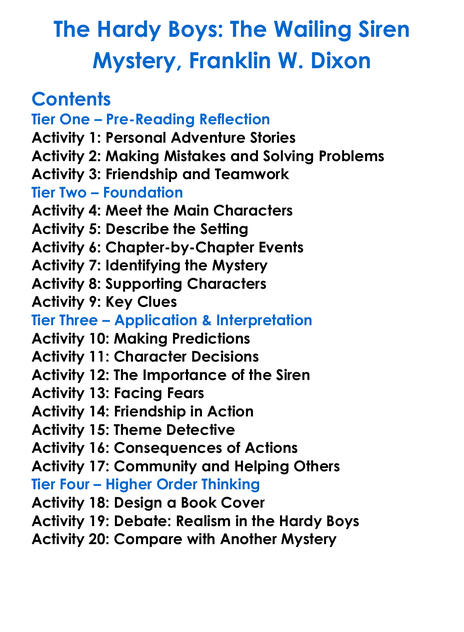 The Hardy Boys The Wailing Siren Mystery Franklin W Dixon Worksheet Activity Booklet