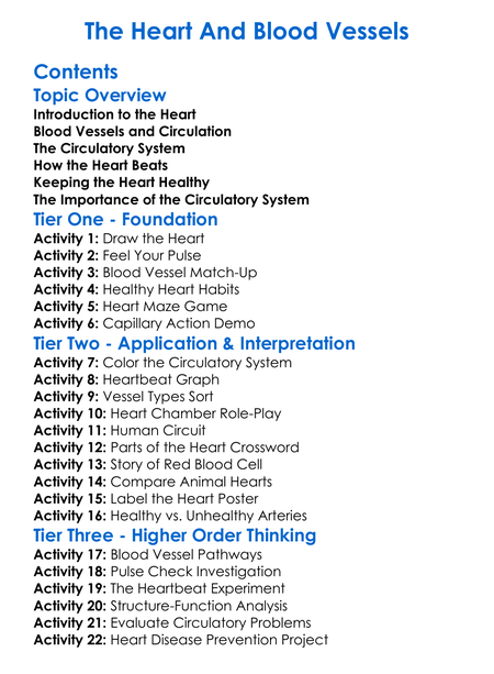 The Heart And Blood Vessels Worksheet Activity Booklet