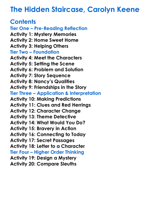 The Hidden Staircase Carolyn Keene Worksheet Activity Booklet