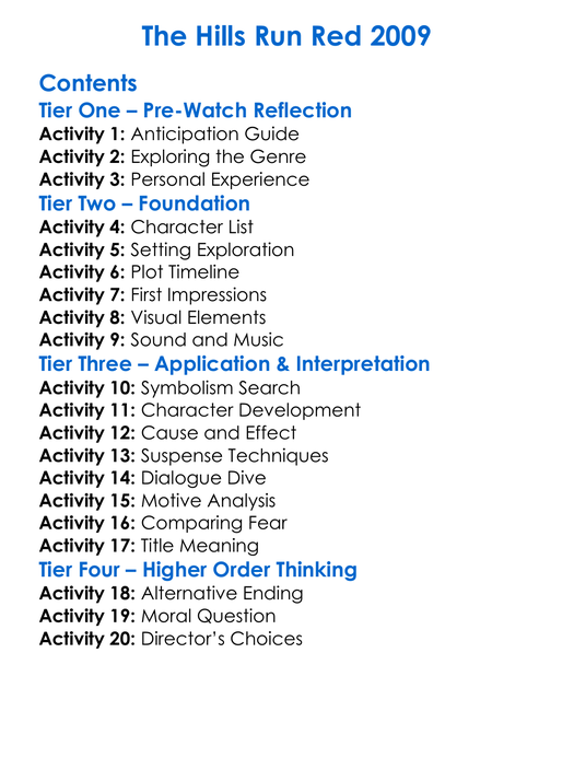 The Hills Run Red 2009 Worksheet Activity Booklet