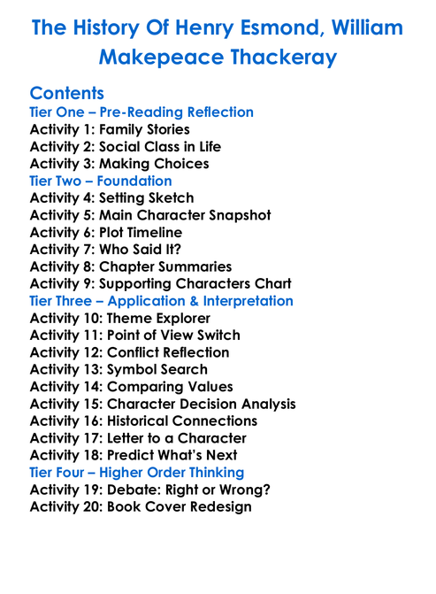 The History Of Henry Esmond William Makepeace Thackeray Worksheet Activity Booklet