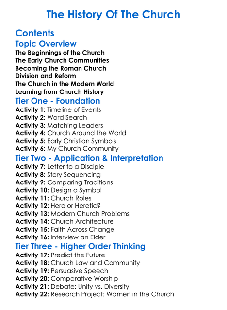 The History Of The Church Worksheet Activity Booklet
