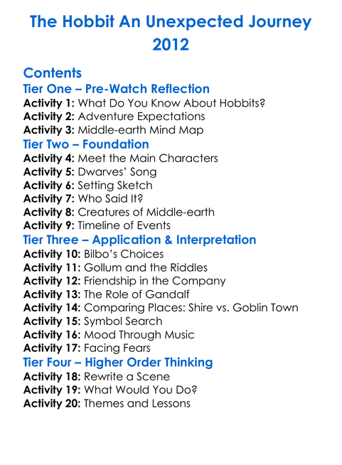 The Hobbit An Unexpected Journey 2012 Worksheet Activity Booklet