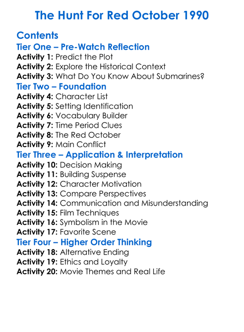 The Hunt For Red October 1990 Worksheet Activity Booklet