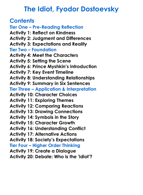 The Idiot Fyodor Dostoevsky Worksheet Activity Booklet