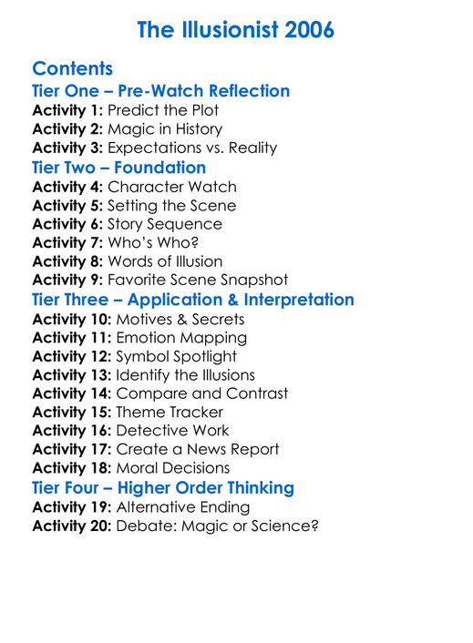 The Illusionist 2006 Worksheet Activity Booklet