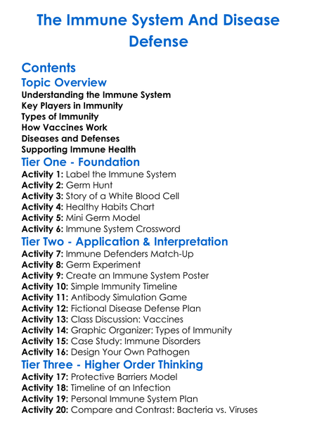The Immune System And Disease Defense Worksheet Activity Booklet