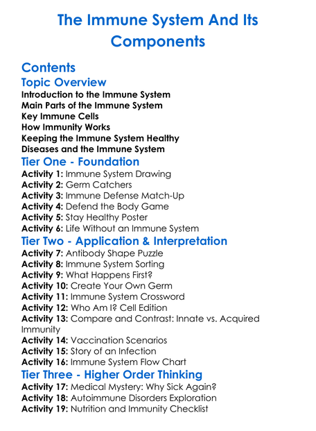 The Immune System And Its Components Worksheet Activity Booklet
