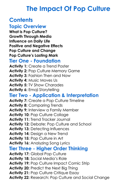 The Impact Of Pop Culture Worksheet Activity Booklet