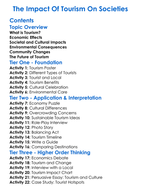 The Impact Of Tourism On Societies Worksheet Activity Booklet