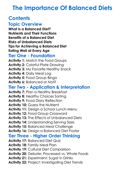 The Importance Of Balanced Diets Worksheet Activity Booklet
