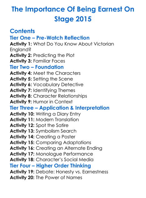 The Importance Of Being Earnest On Stage 2015 Worksheet Activity Booklet