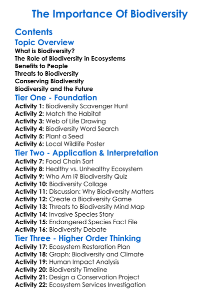 The Importance Of Biodiversity Worksheet Activity Booklet