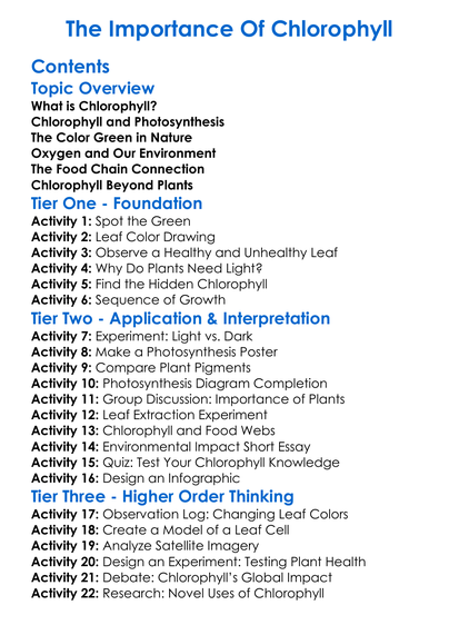 The Importance Of Chlorophyll Worksheet Activity Booklet