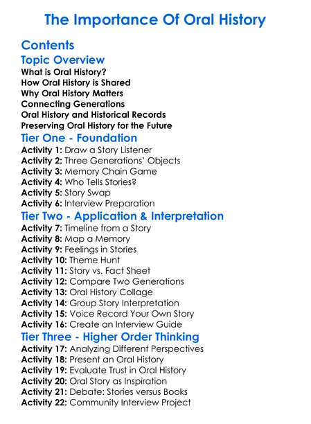 The Importance Of Oral History Worksheet Activity Booklet