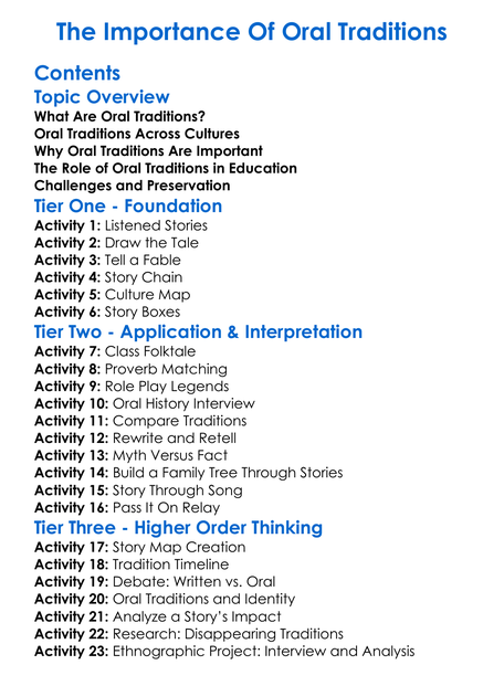 The Importance Of Oral Traditions Worksheet Activity Booklet