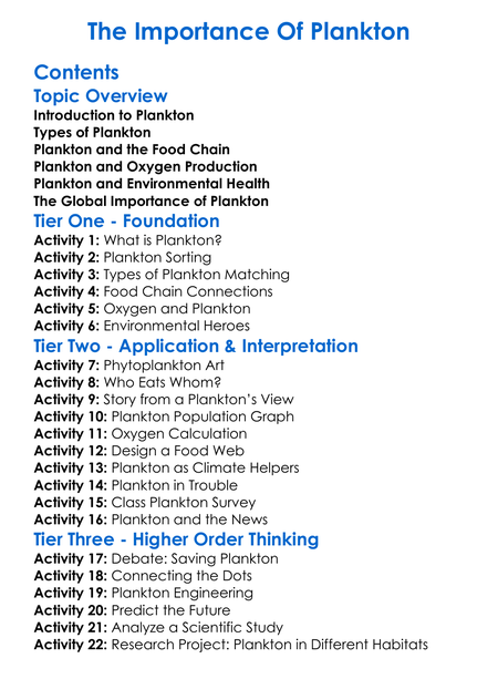 The Importance Of Plankton Worksheet Activity Booklet