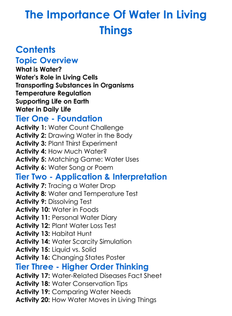 The Importance Of Water In Living Things Worksheet Activity Booklet