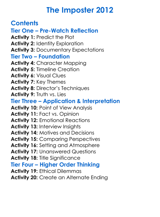 The Imposter 2012 Worksheet Activity Booklet