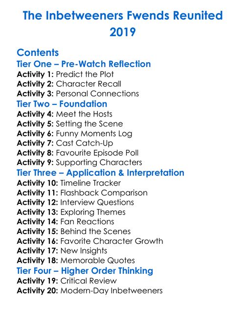 The Inbetweeners Fwends Reunited 2019 Worksheet Activity Booklet
