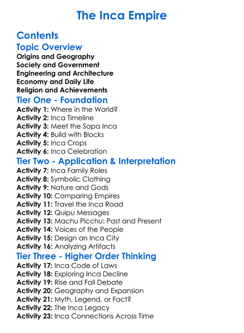 The Inca Empire Worksheet Activity Booklet