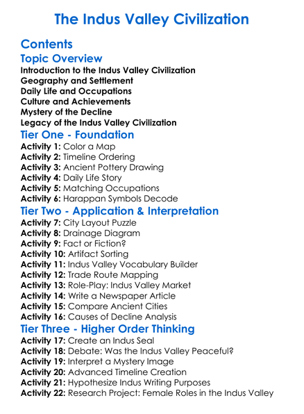 The Indus Valley Civilization Worksheet Activity Booklet