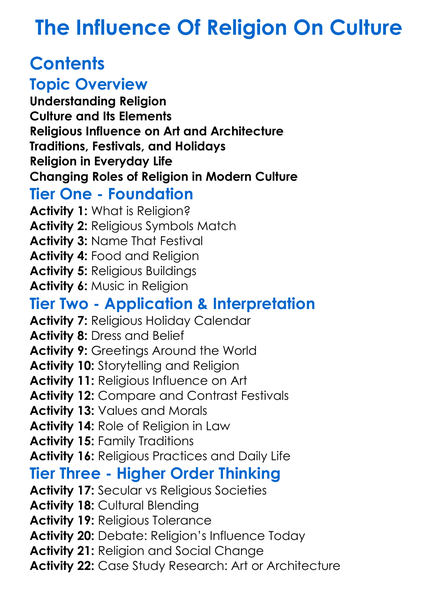 The Influence Of Religion On Culture Worksheet Activity Booklet
