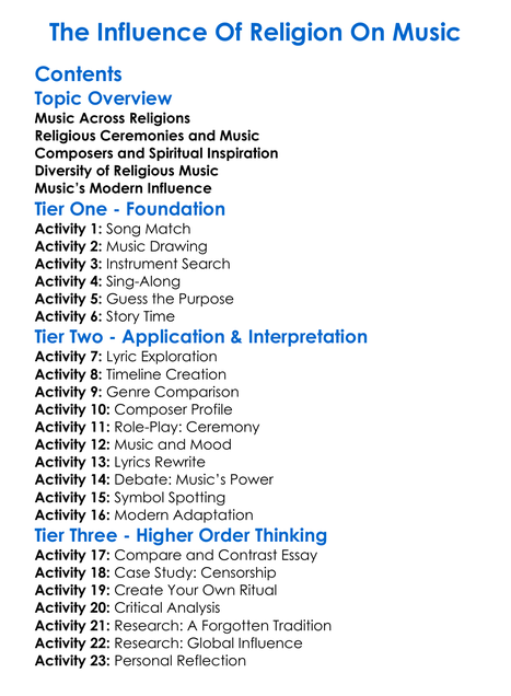 The Influence Of Religion On Music Worksheet Activity Booklet