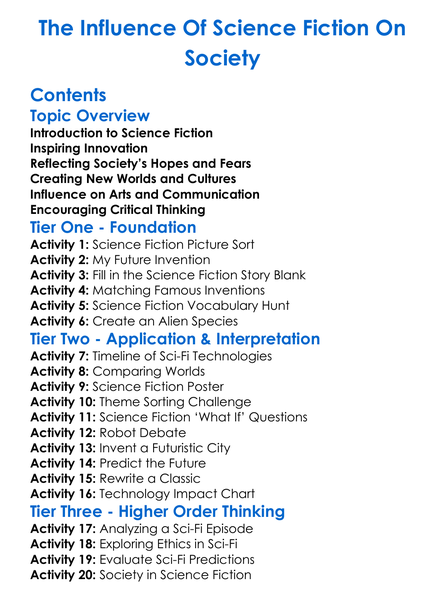 The Influence Of Science Fiction On Society Worksheet Activity Booklet