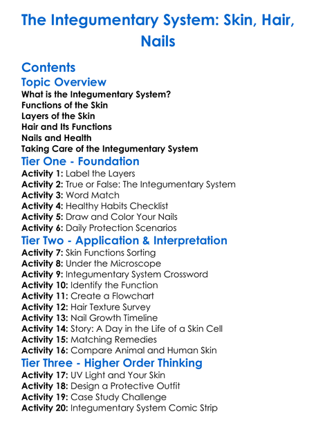 The Integumentary System Skin Hair Nails Worksheet Activity Booklet