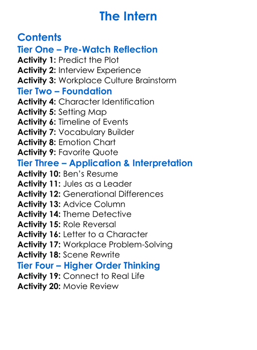 The Intern Worksheet Activity Booklet