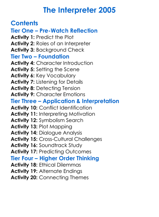 The Interpreter 2005 Worksheet Activity Booklet