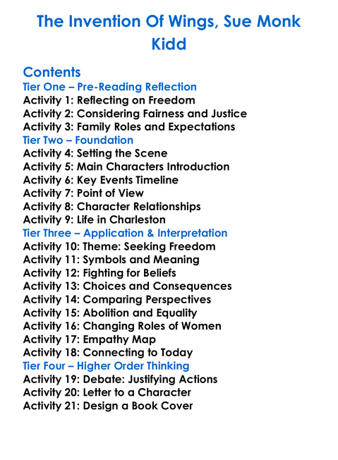 The Invention Of Wings Sue Monk Kidd Worksheet Activity Booklet