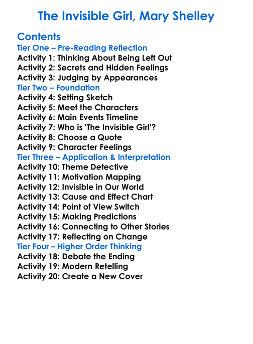 The Invisible Girl Mary Shelley Worksheet Activity Booklet