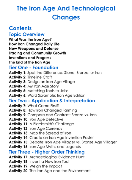 The Iron Age And Technological Changes Worksheet Activity Booklet