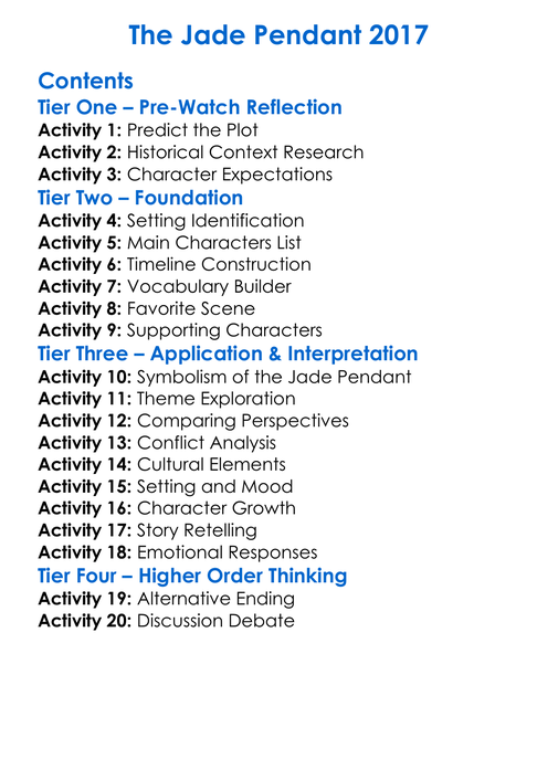 The Jade Pendant 2017 Worksheet Activity Booklet