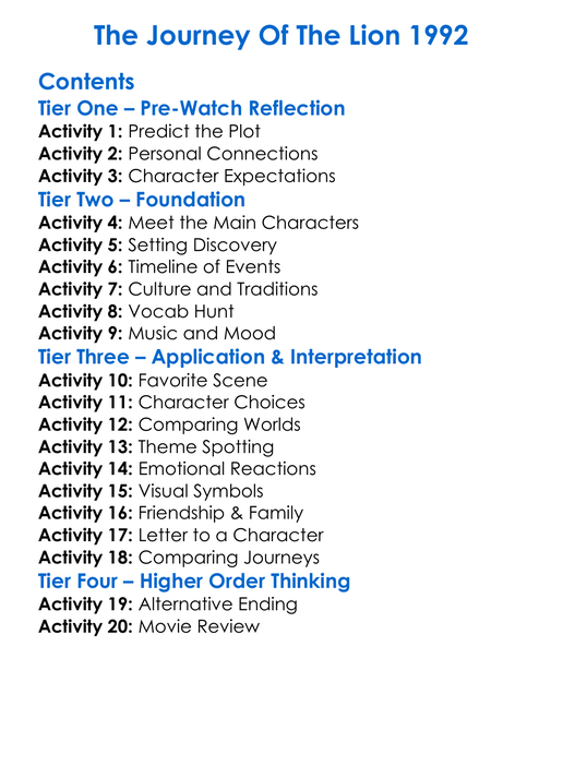 The Journey Of The Lion 1992 Worksheet Activity Booklet