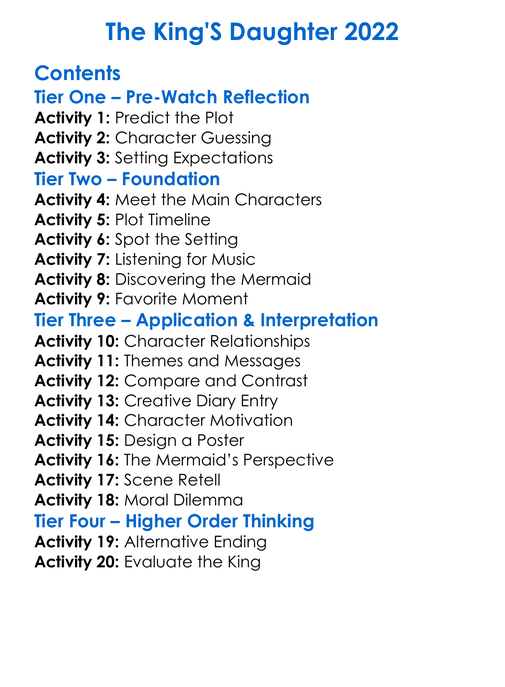 The Kings Daughter 2022 Worksheet Activity Booklet