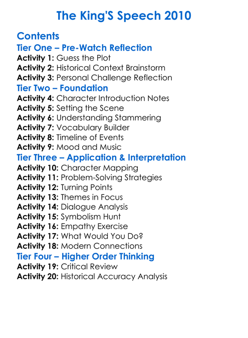 The Kings Speech 2010 Worksheet Activity Booklet