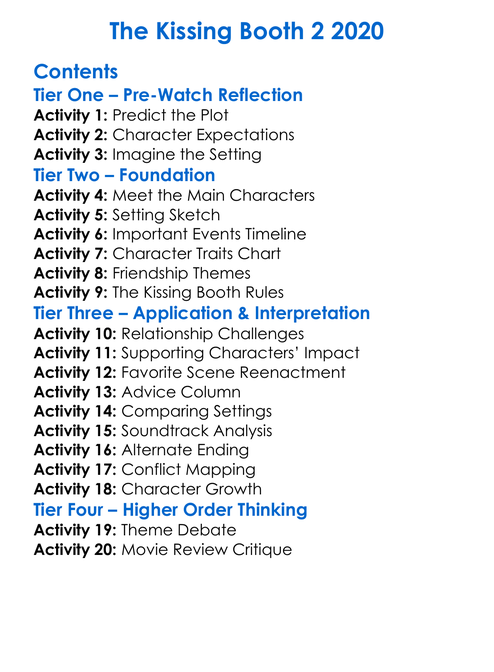 The Kissing Booth 2 2020 Worksheet Activity Booklet