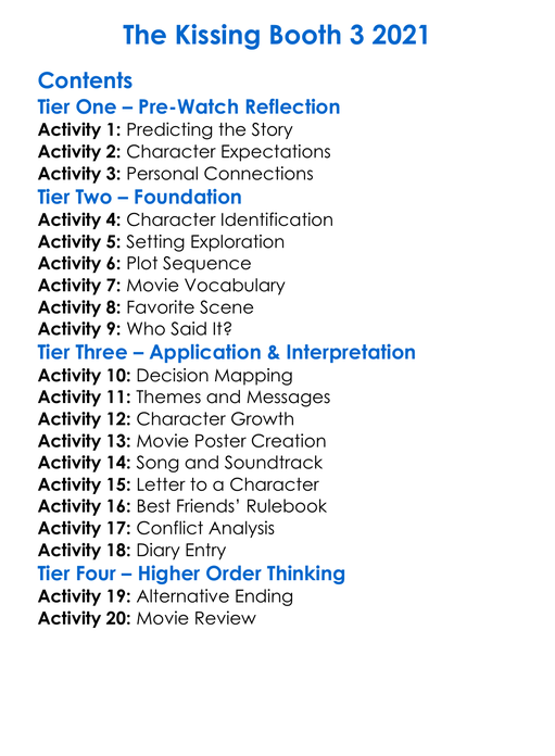 The Kissing Booth 3 2021 Worksheet Activity Booklet