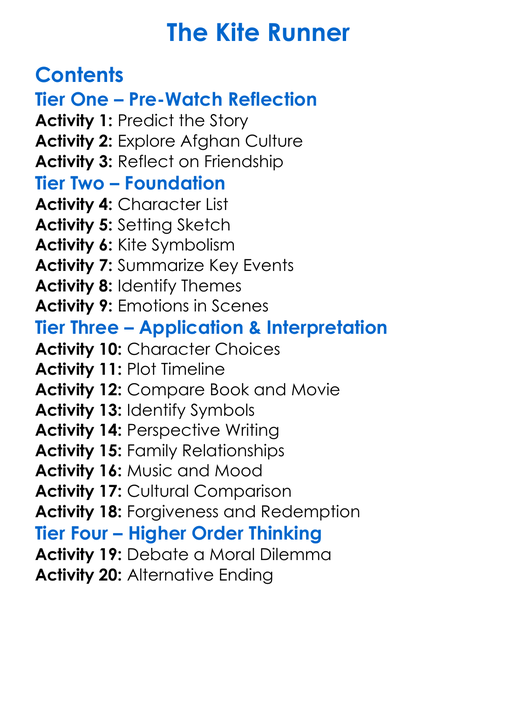 The Kite Runner Worksheet Activity Booklet