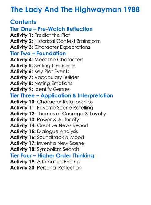The Lady And The Highwayman 1988 Worksheet Activity Booklet