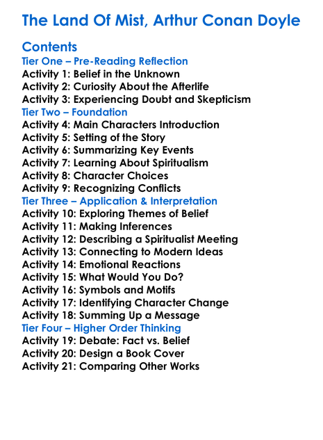 The Land Of Mist Arthur Conan Doyle Worksheet Activity Booklet